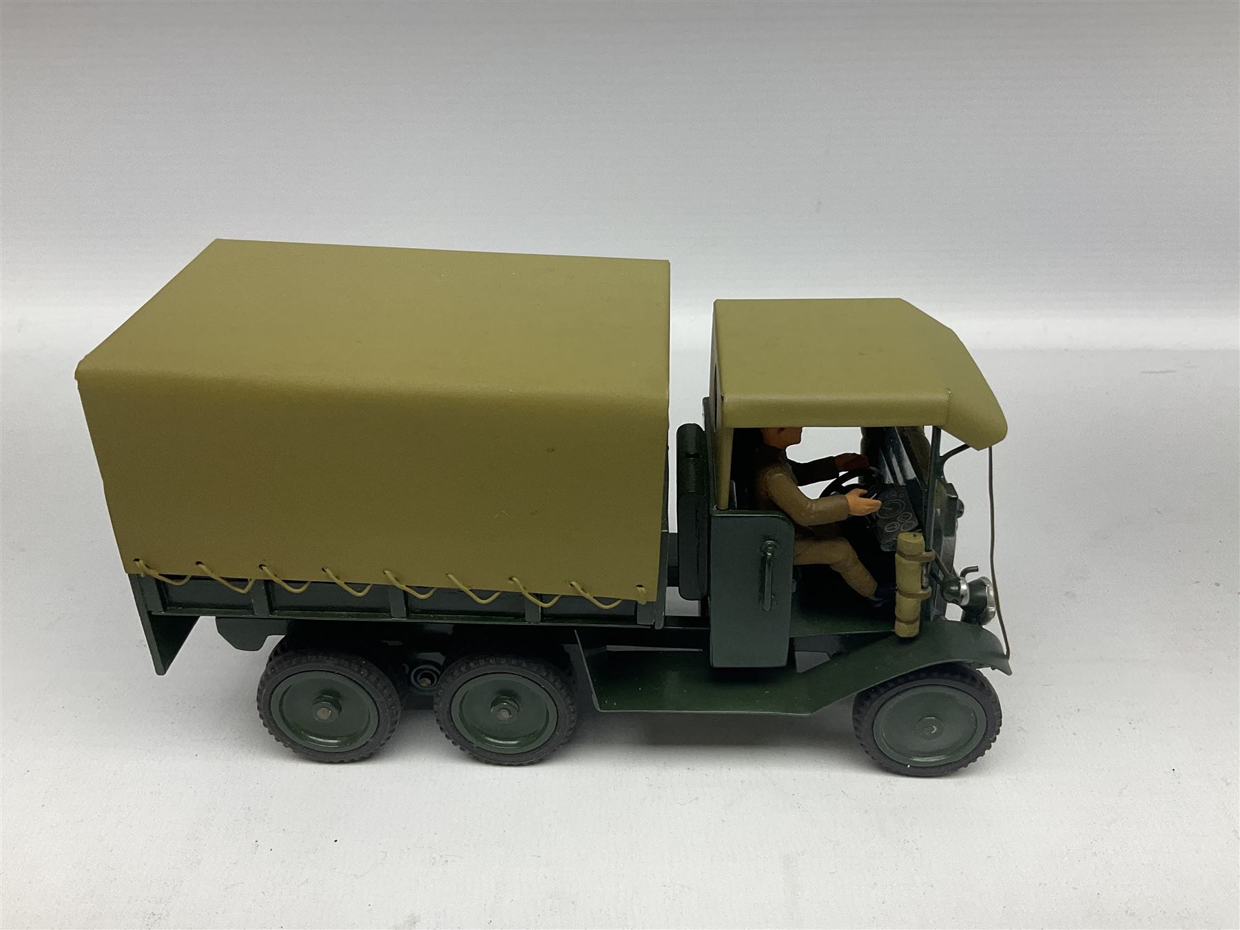 CJB Morris Military Field Wireless car with antenna, driver and operator L11cm; CJB Military covered wagon with two figures; and CJB maroon and white painted flat-bed truck with driver (3)