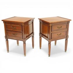 Willis & Gambier - pair of 'Directoire' cherry wood bedside tables, rectangular top with cock-beaded edge over two panelled facia drawers, raised on square turned and tapering supports on brass feet