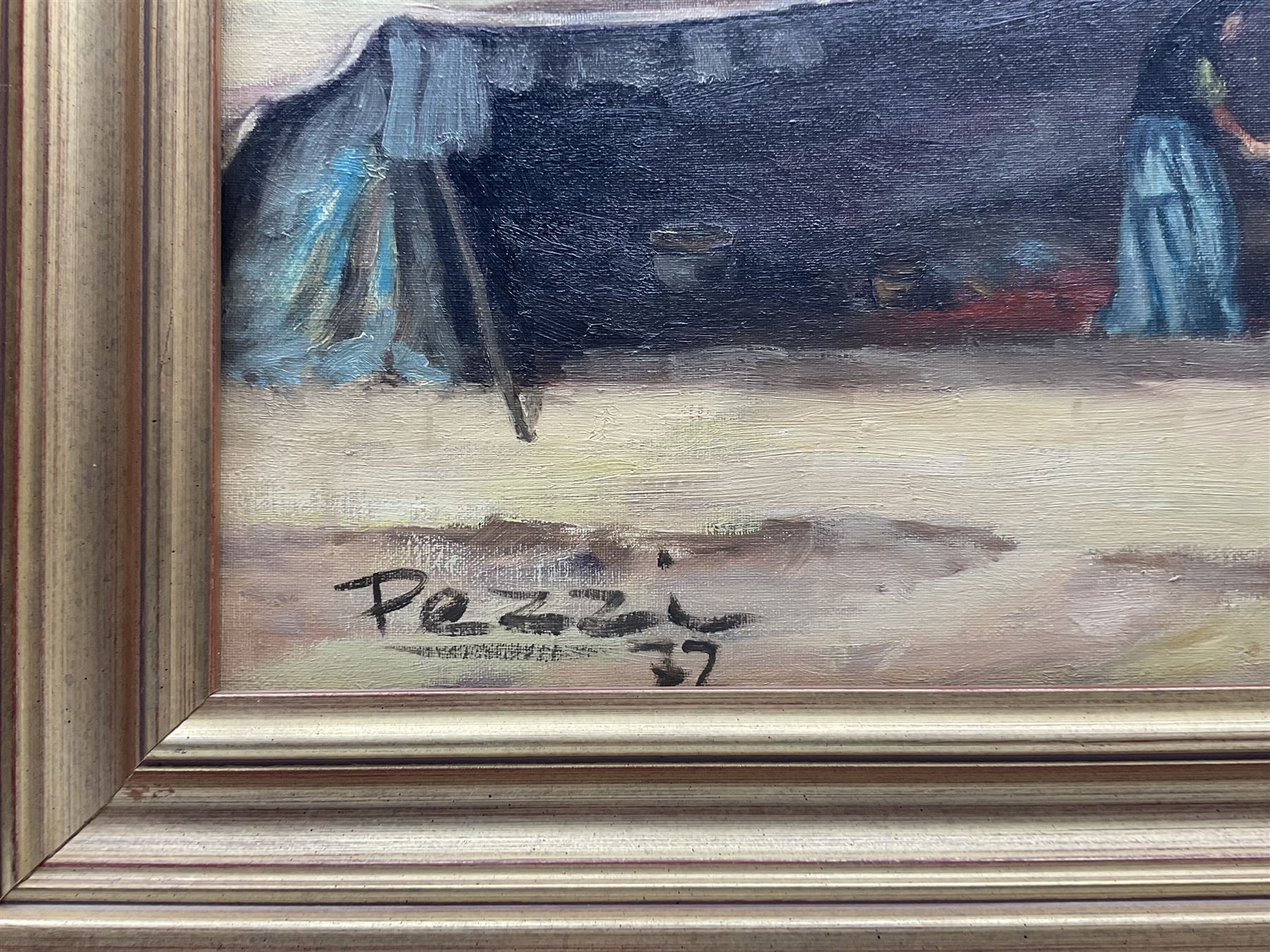 Pezzi (Spanish 20th century): Bedouin Tent, oil on canvas signed and dated '72, 48cm x 71cm