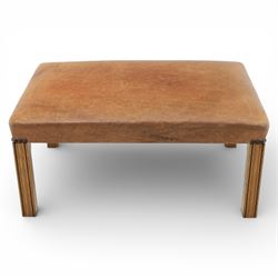 Modern tan leather stool, with studded detailing above a reeded stile supports terminating in metal caps