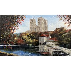 Dallas K Taylor (British 1941-2011): Durham Cathedral from the River, oil on canvas board signed 44cm x 75cm 