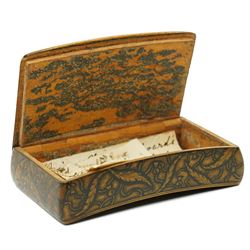 Carved bone model of a snake eating a lizard L12cm, 19th century papier mache snuff box, formerly the property of Colonel May and a travelling inkwell in the form of a barrel