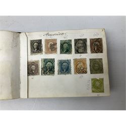 Small 'Postage Stamps' album containing Great British and World stamps, including Queen Victoria penny black with black MX cancel, Norway, Belgium, Sweden, Bayern, Austria, France, Cape of Good Hope etc, almost all of the stamps in this album have been glued onto the album pages