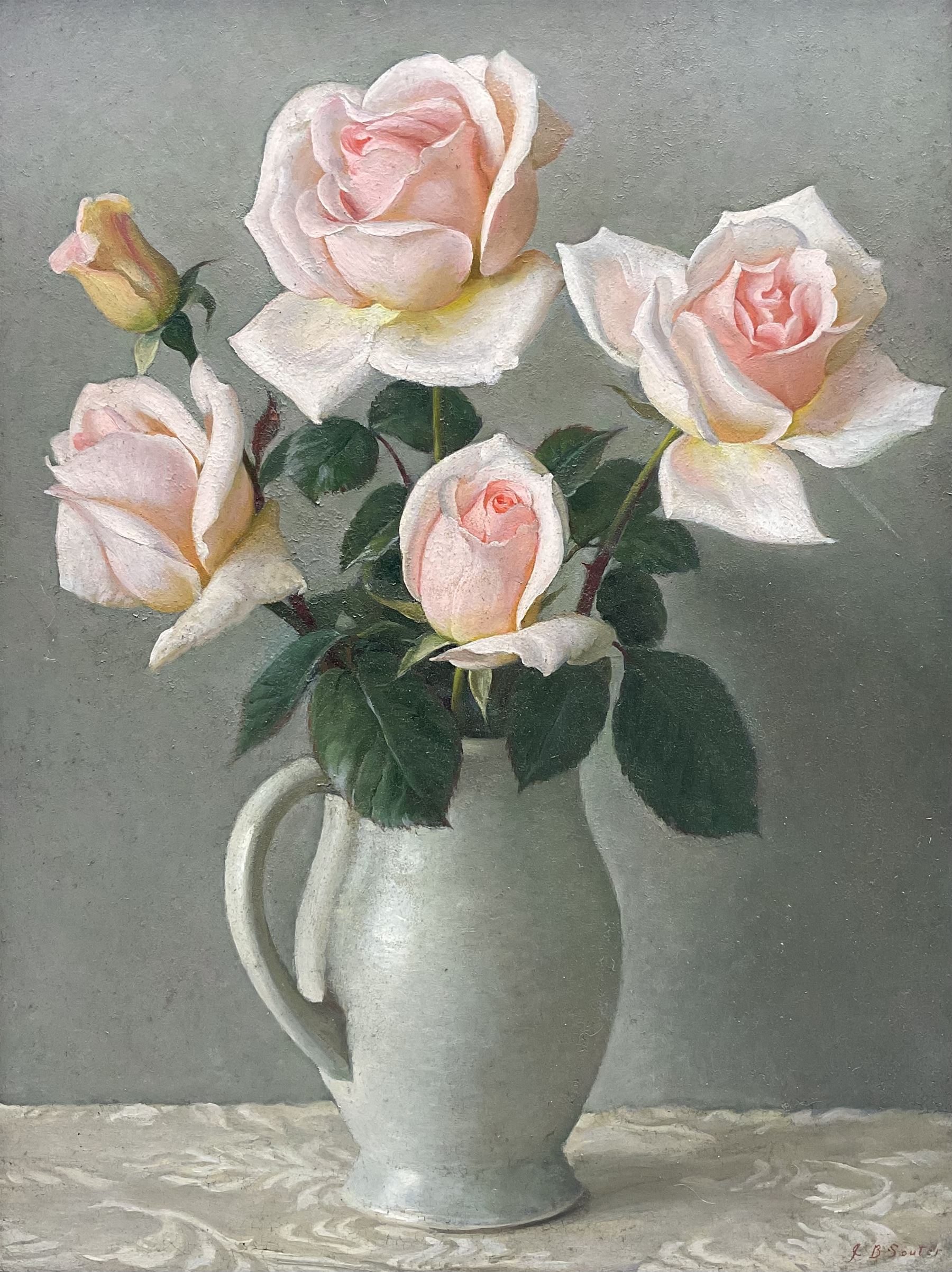 John Bulloch Souter (Scottish 1890-1972): Still Life of Pink Roses in a Vase, oil on board signed 40cm x 29cm