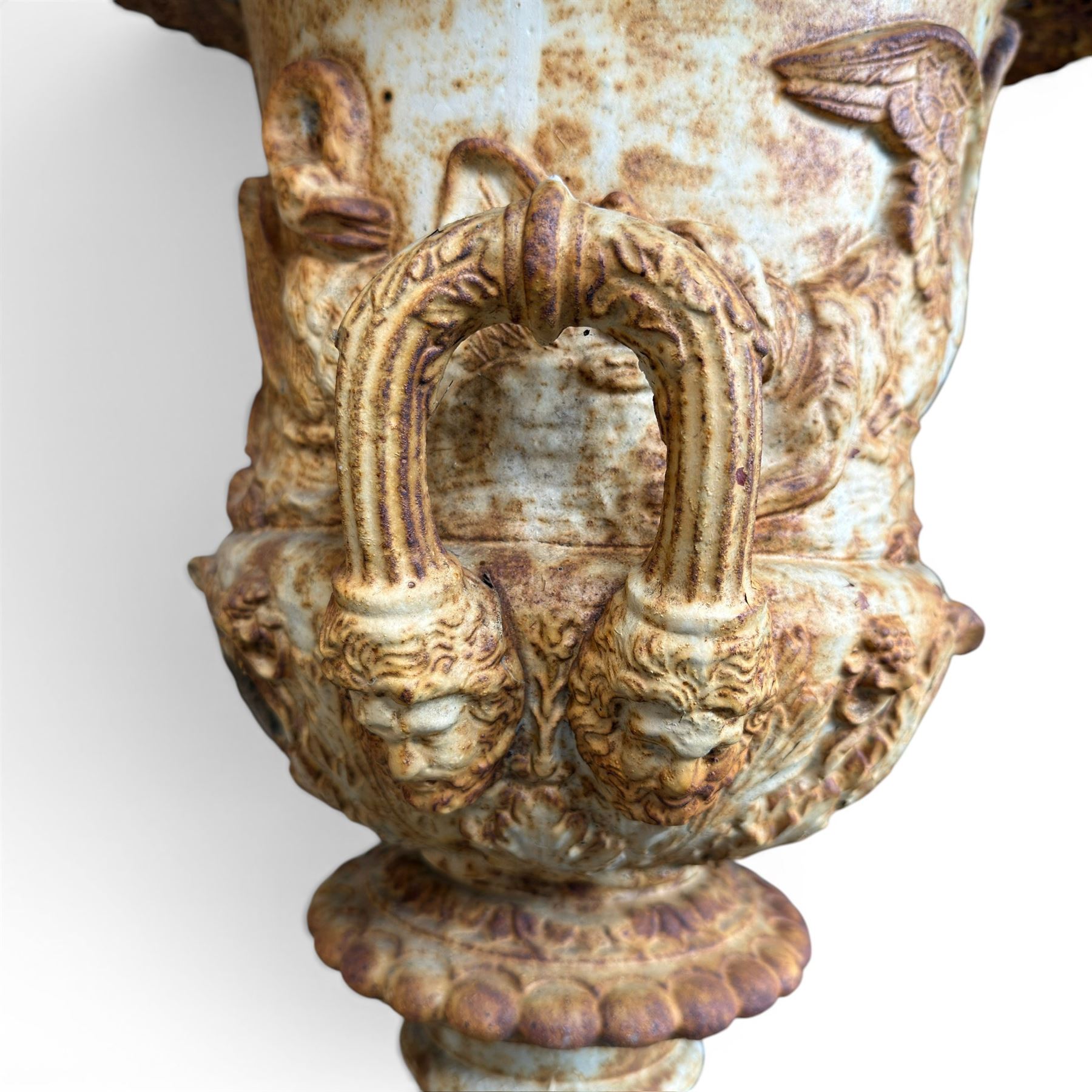 Andrew Handyside - pair of 19th century best quality cast iron garden urns, individually detailed in relief Allegorical Figures and Helaldic Swans, campagna form with twin handles, detail under rim, raised on circular fluted base
