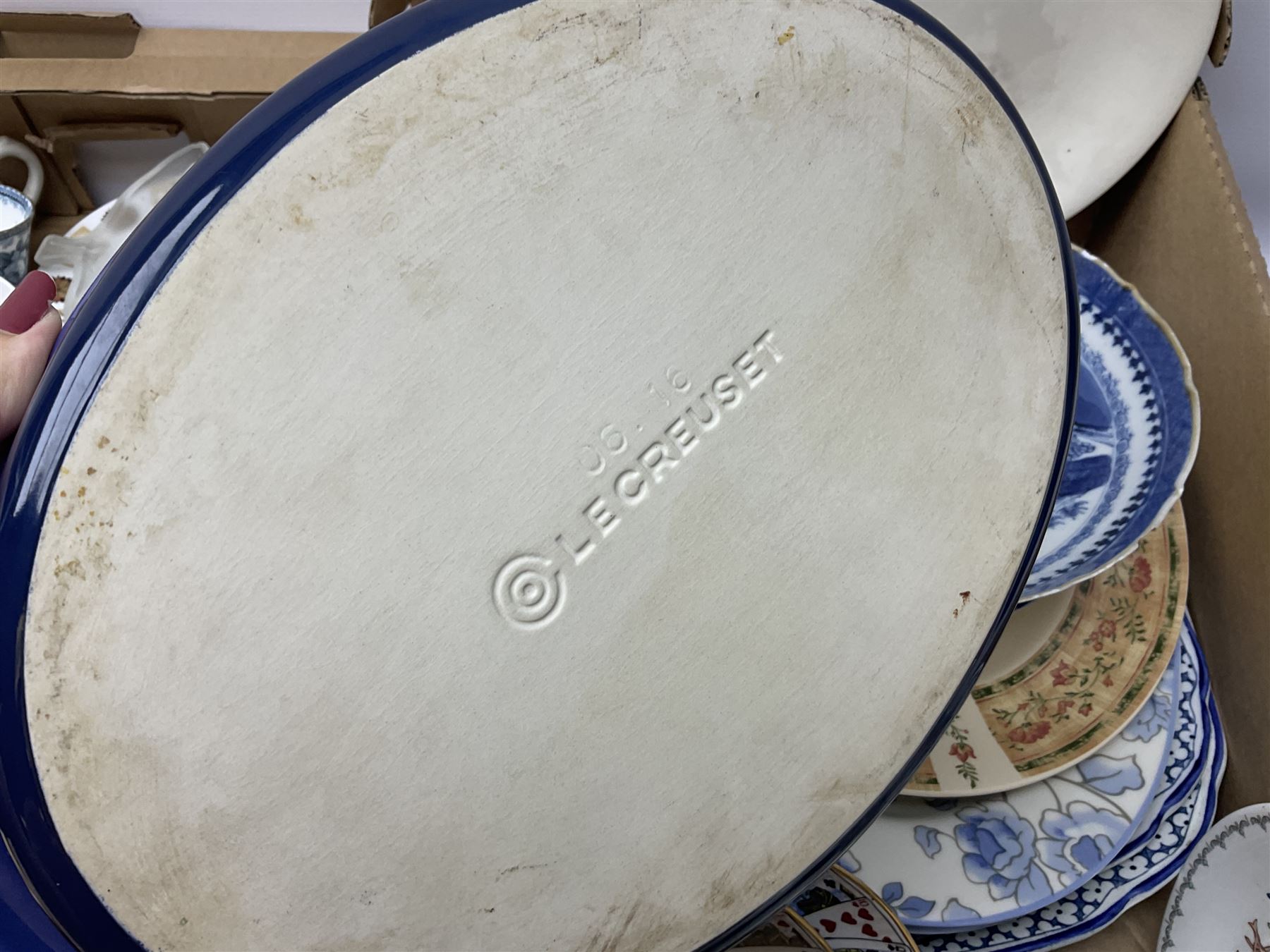 Portmeirion Botanic Garden jug, Poole Pottery planter, Denby coffee pot, Wedgwood Jasperware trinket box, Le Creuset oven dish and a collection of other ceramics, etc, in four boxes 