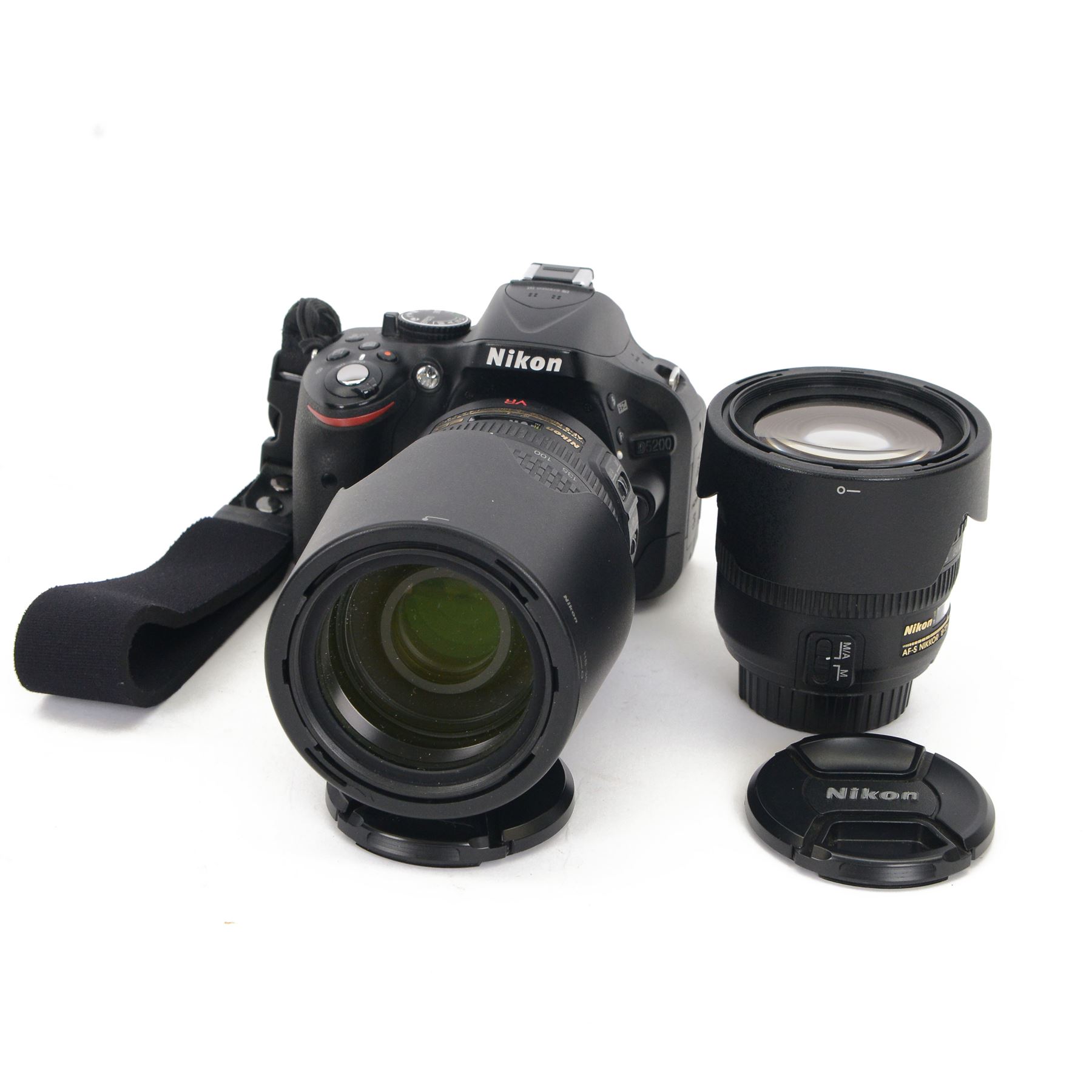 Nikon D5200 DSLR camera body, serial no. 4308825, with a Nikon VR AF-S Nikkor 70-300mm 1:4.5-5.6 G lens serial no. 3005769 and a Nikon AF-S Nikkor18070mm 1:3.5-4.5 G ED lens serial no. 2684452, contained within a Lowepro carry case