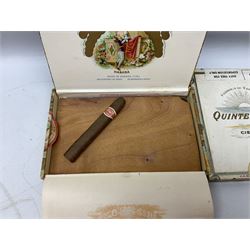 Victorian leather cigar protector with metal match striking plate on the end, and quantity of boxed cigars, comprising Willem II Churchill cigar, Willem II double dutch, Quintero Y Hno Habana cigars and Romeo Y Julieta, habana