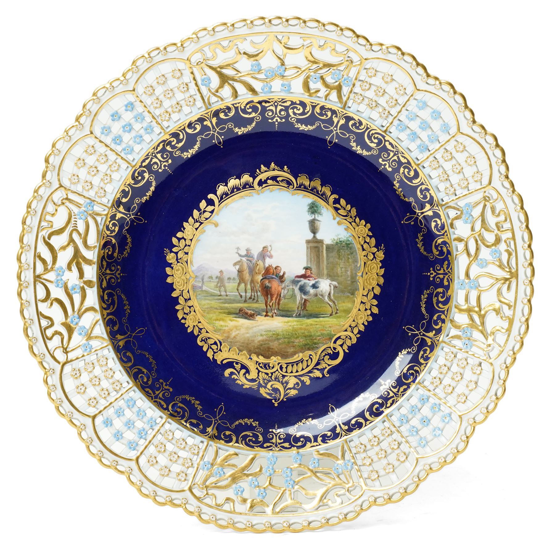 19th century Meissen cabinet plate, the reticulated border modelled with trellis panels and forget-me-nots,  the cobalt blue well with gilt bordered central reserve painted with a scene of a hunting party after Philips Wouwerman (Dutch 1619-1668), underglaze blue crossed swords and indistinct impressed numbers verso, D26cm