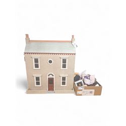 Two storey modern dolls house, with a collection of dolls house furniture and accessories, dolls house H66cm