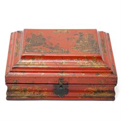 Early 19th century red lacquered chinoiserie box, painted with a traditional landscape scene and heightened in gilt, with original metal fastenings and hinges, W29cm 