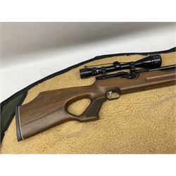 Weihrauch HW100 .22 calibre PCP repeating air rifle; walnut thumbhole stock with textured pistol-grip; Nikko Stirling Silver Crown 3-9x40 telescopic sight; integral sound moderator; No.1901181 L99cm overall; in gun sling; with Logun Combi-Pump and quantity of pellets