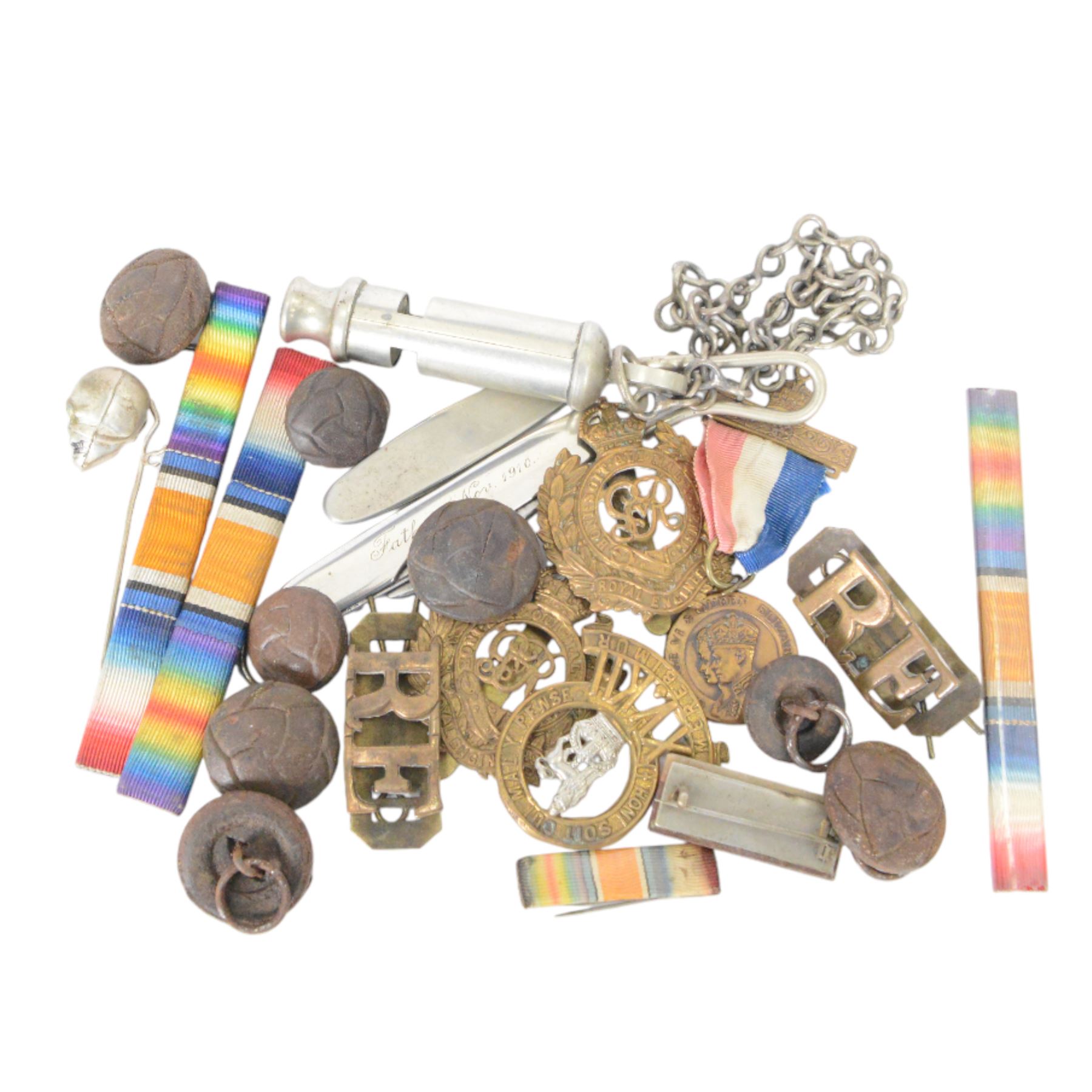 Novelty miniature oil lamp, in the form of Lime fruit juice bottle, together with J Hudson & Co whistle and a collection of medals, badges, buttons, coins, etc