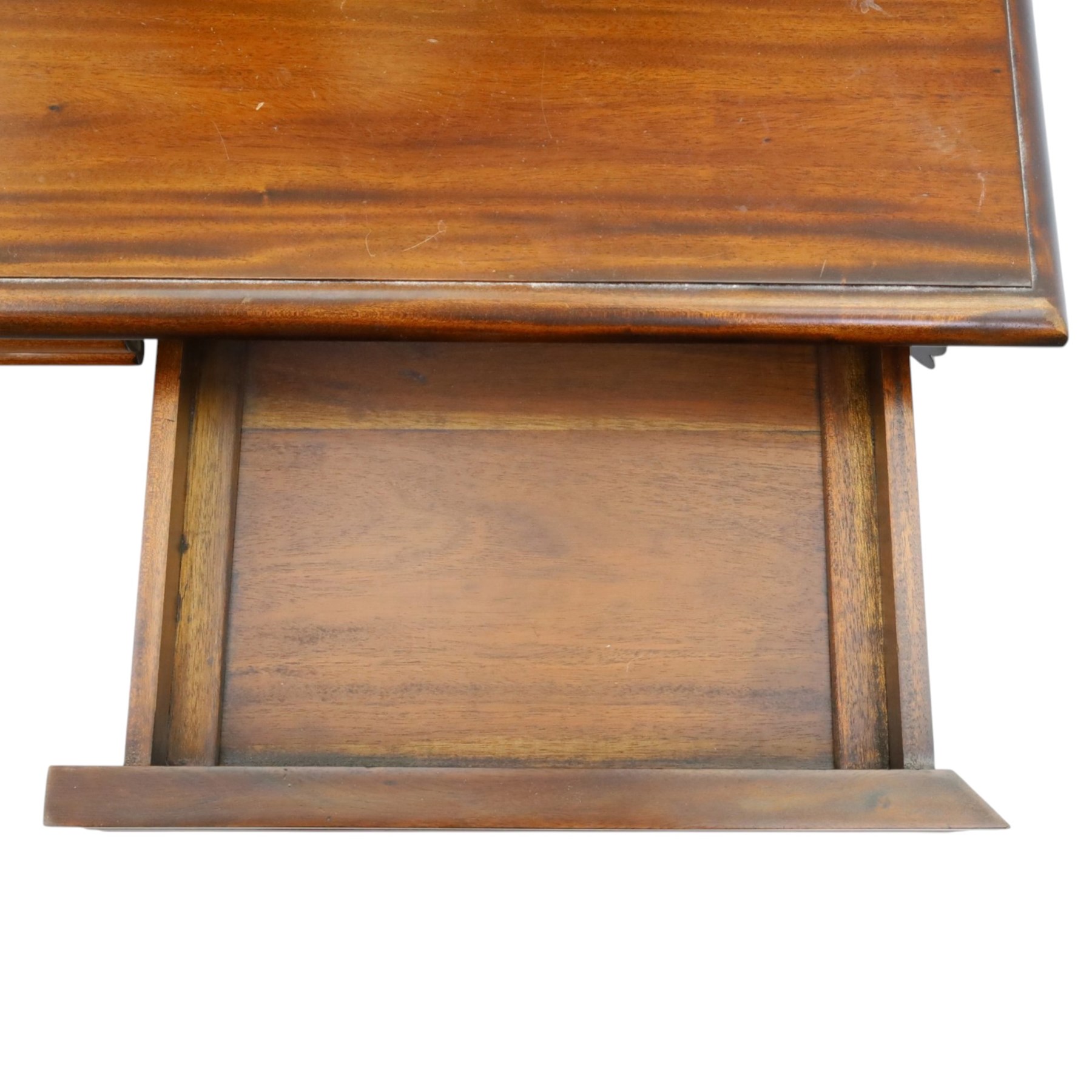 Willis & Gambier - cherrywood dressing table with mirror and stool, three-part mirror on turned uprights with finials, rectangular top above three cushion-moulded frieze drawers, twin pedestals each fitted with three graduated drawers, panelled sides and stepped plinth bases, stool with turned supports and padded seat