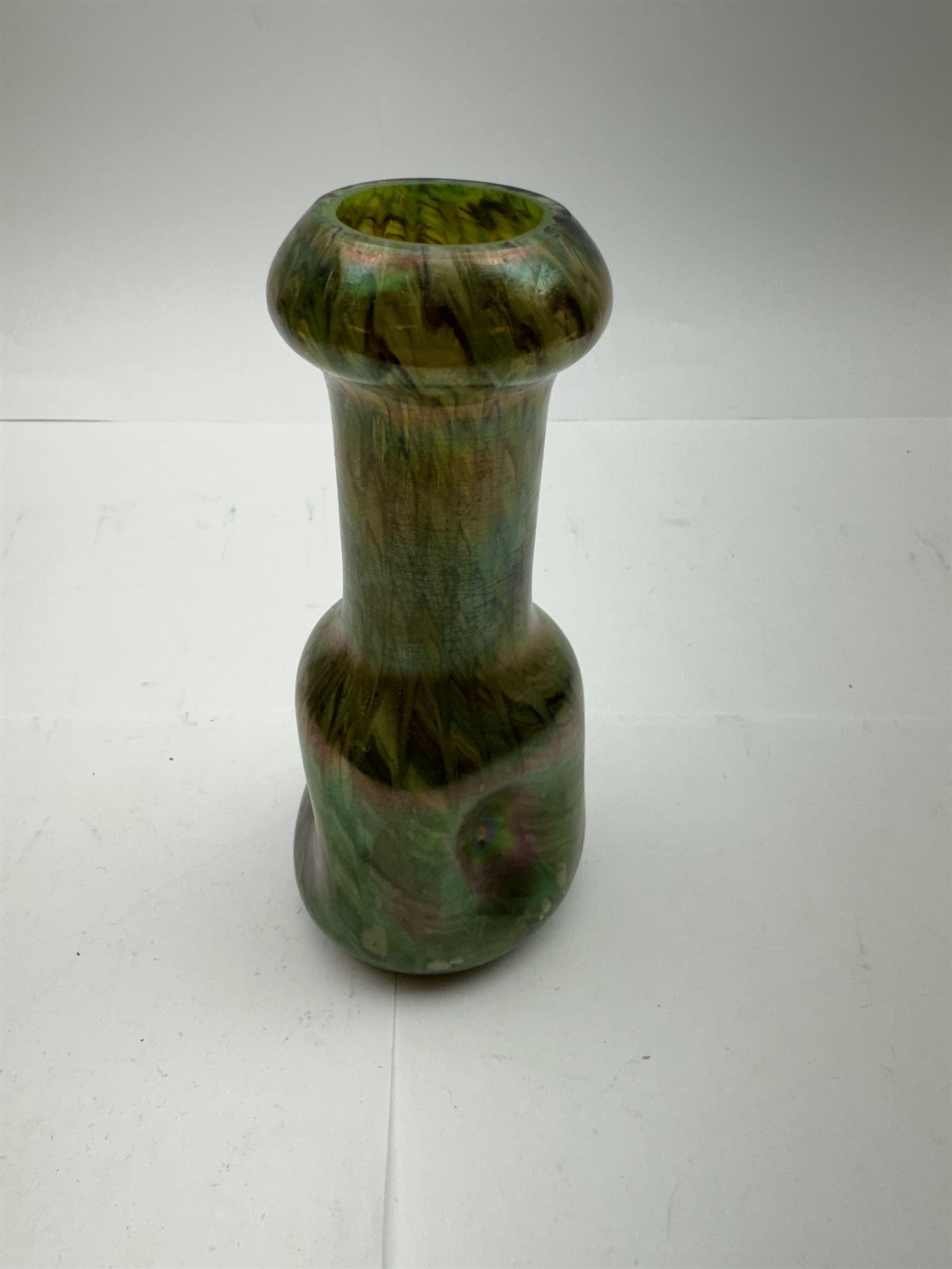 Three Austrian Art Nouveau green iridescent glass bottleneck vases, probably Rindskopf, to include one example with hallmarked silver collar, tallest H18cm (3)