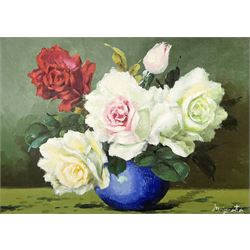 English School (20th century): Still Life Roses in a Vase, oil on canvas signed indistinctly 23cm x 32cm