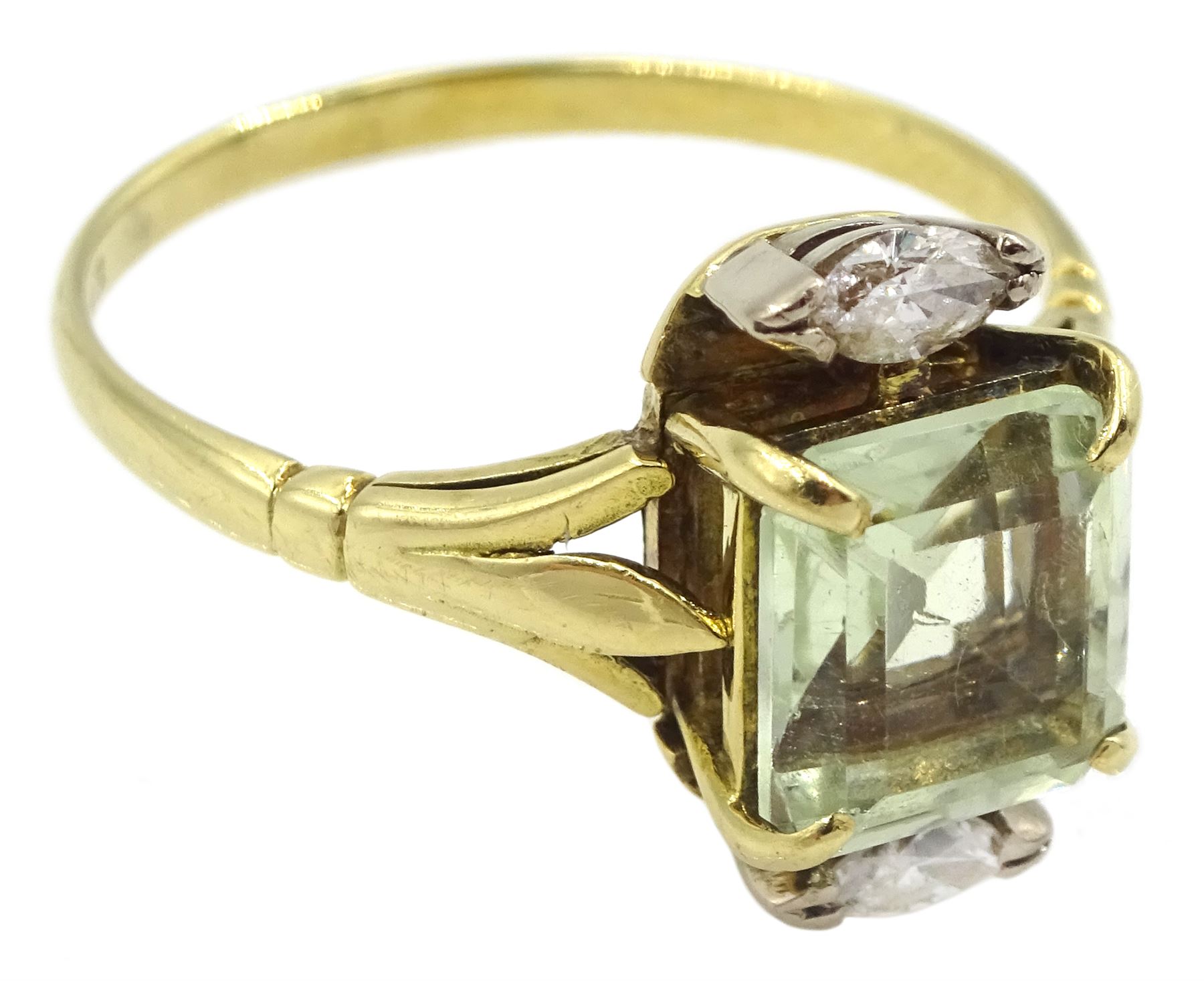 18ct gold three stone emerald cut pale green beryl and marquise shaped diamond ring, Sheffield 1995