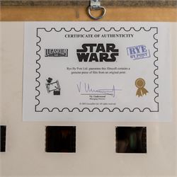 Four Cards Inc Star Wars The Movie Poster Collection prints, comprising Episode I Attack of the Clones, A New Hope, Return of the Jedi and The Empire Strikes Back, all framed, H37cm, together with a Rye by Post The History of Star Wars Original Filmcell collection, with certificate of authenticity verso