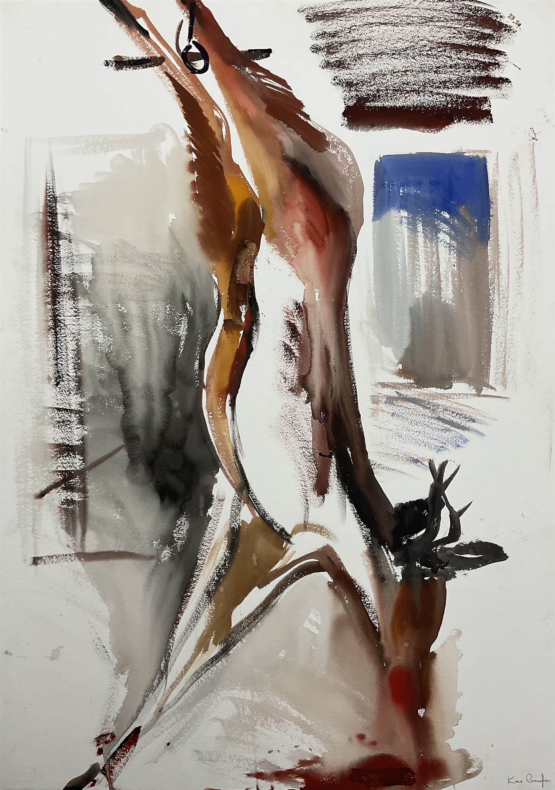 Kane Cunningham (British 1961-): Deer at Sledmere House, watercolour and deer blood on Arches paper signed 105cm x 75cm (unframed)