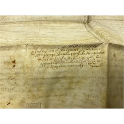 Three 17th/18th century manuscript deeds on vellum relating to properties in Bowling Alley Lane, Hull - one dated 16/12/1689 with seal 44 x 65cm; mortgage dated 20/2/1711 56 x 74cm; and assignment of mortgage dated 5/5/1727 with seal; all folded (3)