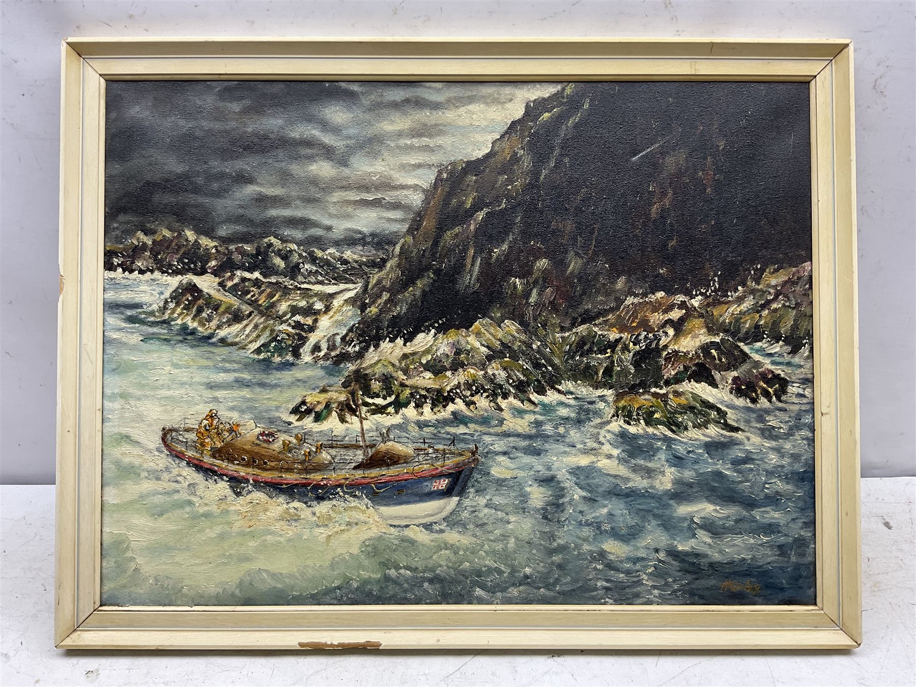Harley (British 20th century): Lifeboat off the Rocks, oil on canvas signed 44cm x 60cm