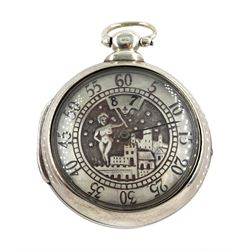 19th century silver pair cased verge fusee pocket watch by John Roberts, London, No. 9388, round pillars, pierced and engraved balance cock decorated with a mask, silver champleve dial depicting a nude female standing on a bridge amongst the stars, wandering hour dial with Arabic five minute markers and single hand, bull's eye glass, case by George Richards London 1832