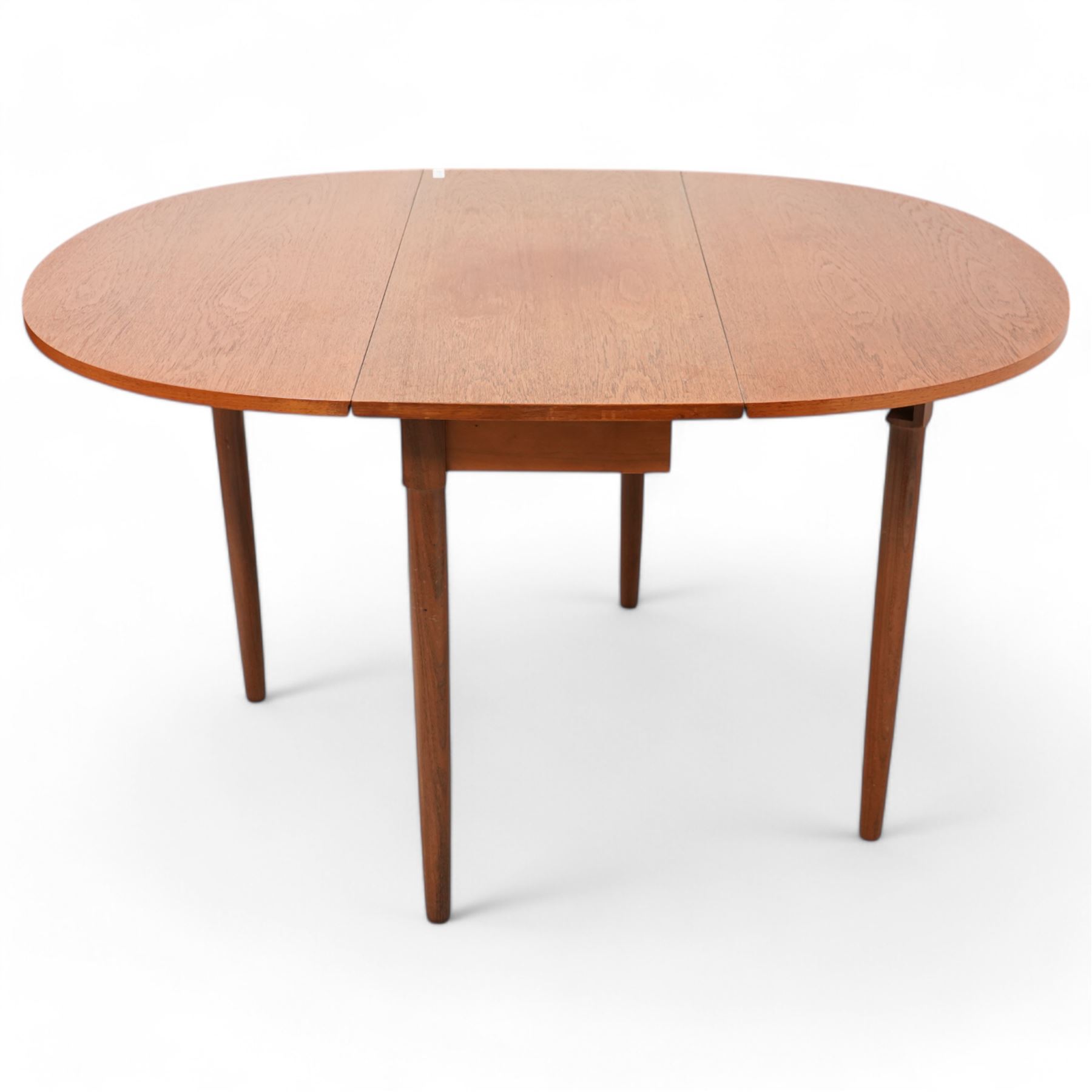 Victor Wilkins for G-Plan - set of four teak dining chairs (W49cm); together with a mid-20th century teak drop-leaf dining table (108cm x 133cm, H73cm)