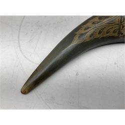 Carved water buffalo horn wall pocket, engraved with landscape scene with patterned borders with pierced foliate panel, together with a pair of horns with similar engraved decoration, L47cm