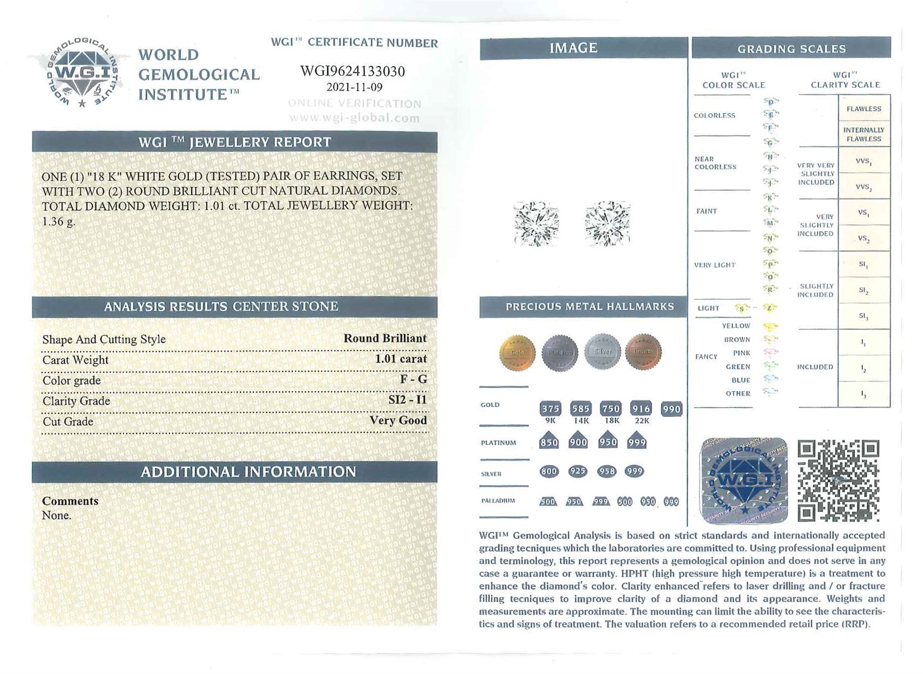 Pair of 18ct white gold round brilliant cut diamond stud earrings, total diamond weight 1.01 carat, with World Gemological Institute report