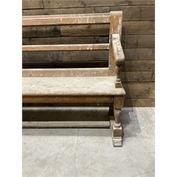 Victorian pitch pine bench pew, turned arms and legs, rail back with plank seat, 274cm