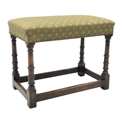 Bylaws Furniture - traditional oak dressing stool, collar turned supports joined by stretchers, seat upholstered in floral lozenge pattern fabric, 63cm x 36cm, H50cm