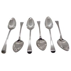 Set of six silver George III Old English pattern dessert spoons, hallmarked Thomas Wilkes Barker, London 1812, L17cm, approximate weight 5.51 ozt (171.5 grams)
