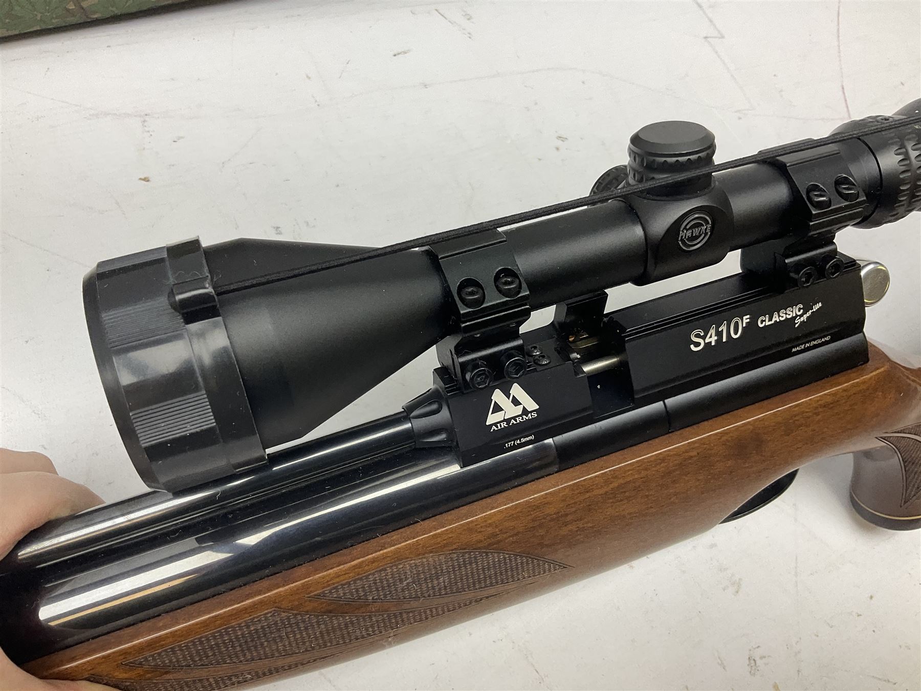 Air Arms Model S410F Classic .177 multi-shot compressed air rifle with bolt action, underside pressure gauge, chequered pistol grip, moderator and Hawke Sport HD 3-9x50 scope L112cm; in Anglo Arms camouflage sleeve with spares, tool kit, magazine and instruction manual