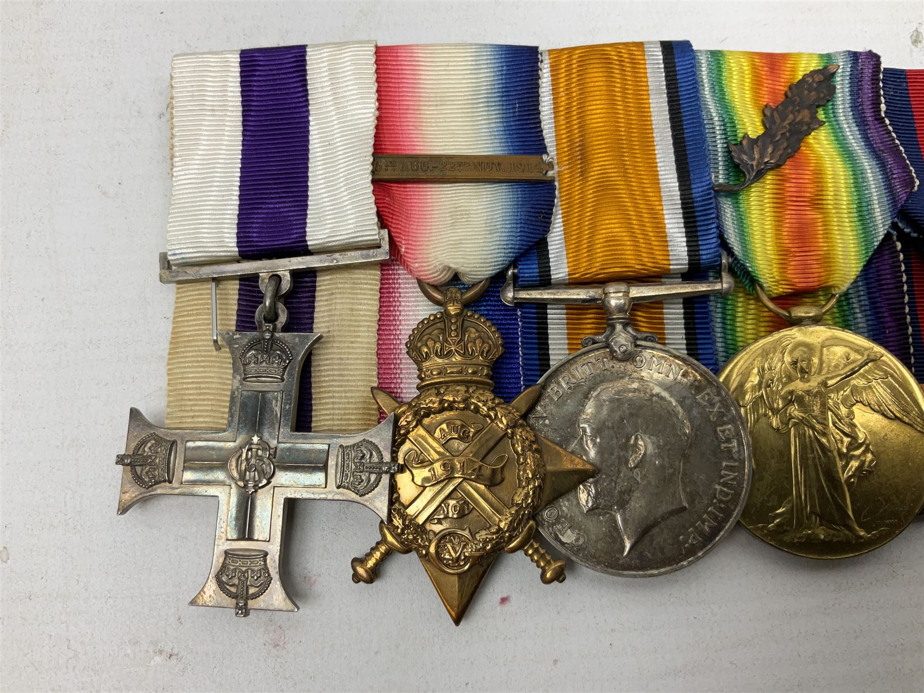 WW1/WW2 Military Cross group of eight medals comprising M.C., 1914 Star with 5th Aug.-22nd Nov.1914 clasp, British War Medal and Victory Medal with MID oak leaves awarded to Lieut. (later Lieut./Col) F.C. Davidson R.A.M.C., 1939-1945 Star, Africa Star with 1st Army clasp, 1939-1945 War Medal and Defence Medal; with single page copy of research material