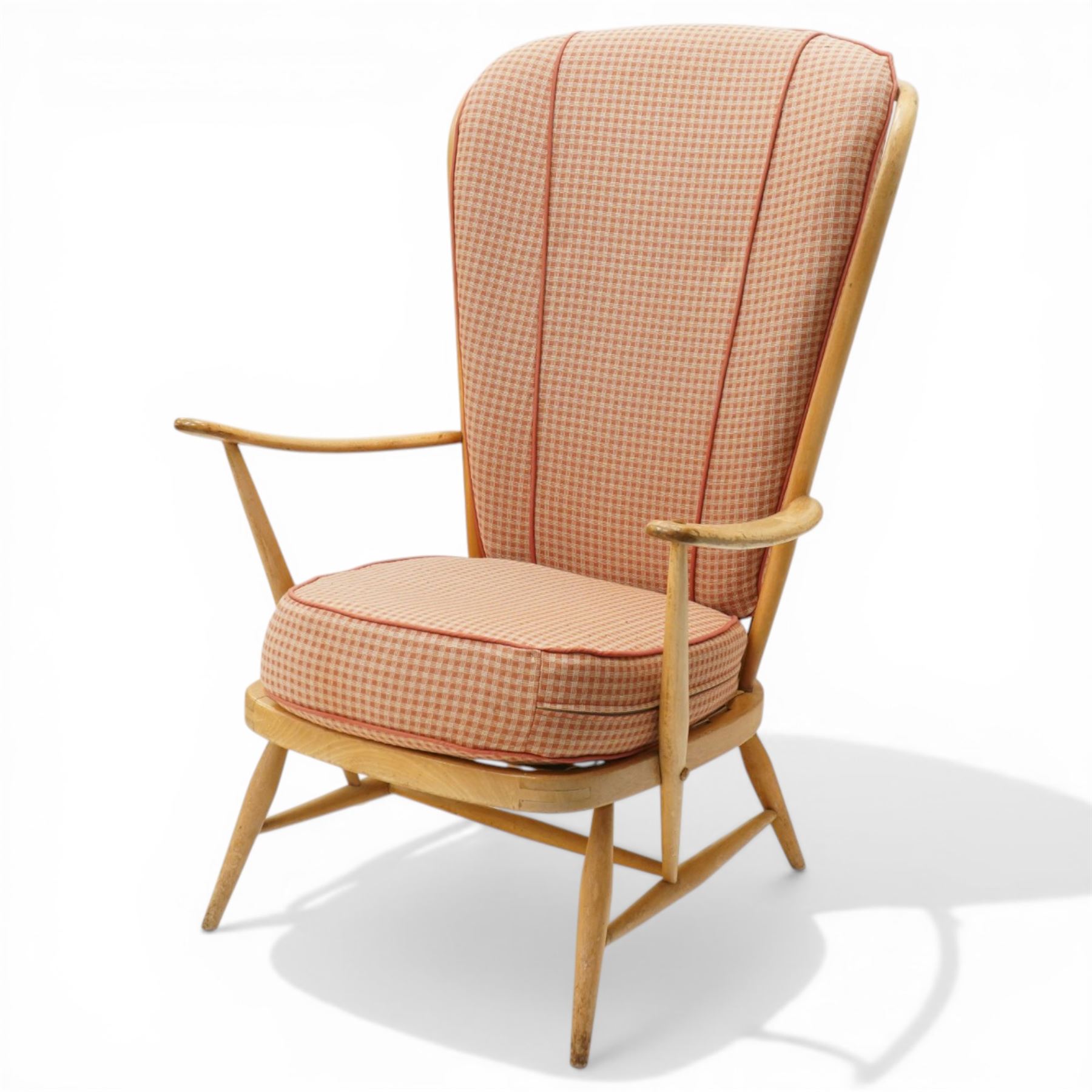 Ercol - Model 478 evergreen light elm and beech armchair, hoop back design curved arms, two crimson checked loose cushions, raised on tapering legs with H-stretcher