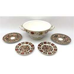 A pair of early 19th century Spode Imari 1823 pattern plates, D19cm, together with two Royal Crown derby Imari 1128 pattern plates, D16cm, and a Crown Derby A962 pattern twin handled open tureen, not including handles D28.5cm. (5). 