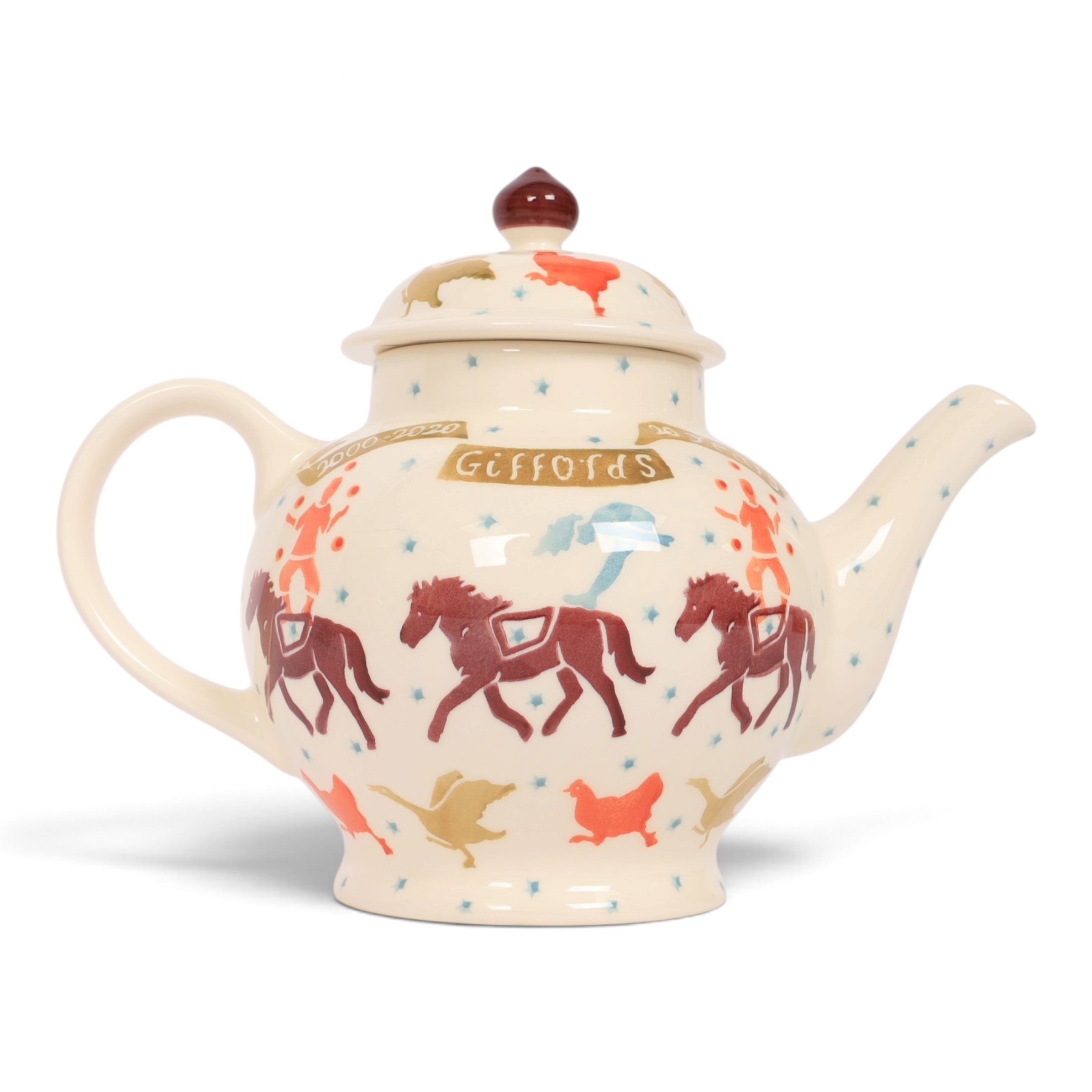Emma Bridgewater teapot, in the Giffords Circus 2000-2020 Anniversary pattern and Collectors Club jug of year 2008, teapot H22cm 