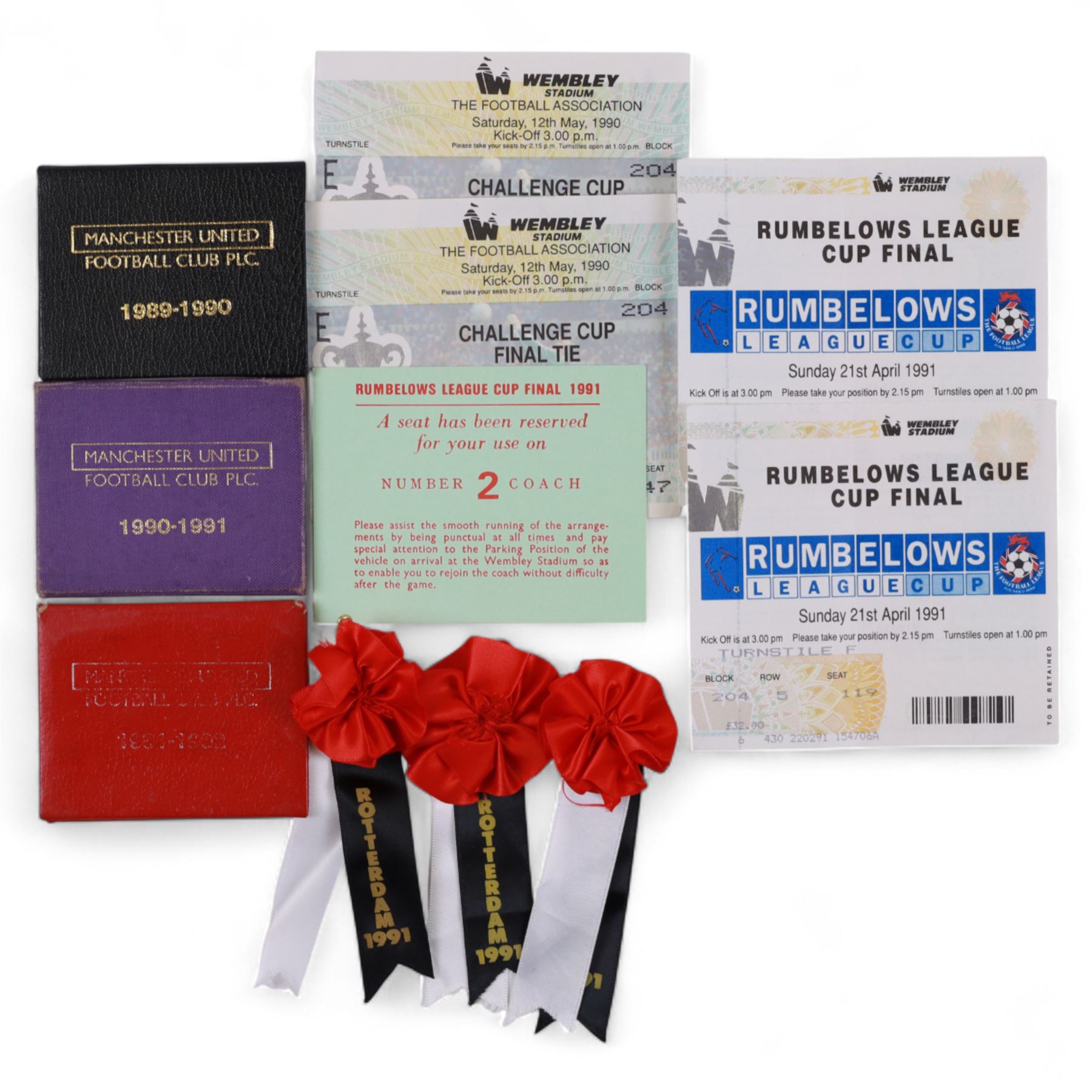 Manchester United football memorabilia relating to Colin Appleton, former Leicester City captain and Scarborough FC manager, including two letters from Manchester United club secretary Ken Merrett inviting Colin to join the official party for the European Cup Winners Cup Final between Manchester United and Barcelona, Rotterdam 1991 and the FA Cup Final 1990, two programmes for the above European cup match and three Rotterdam rosettes, ticket stubs for the 1991 Rumbelows League Cup finals and an Official Staff Party itinerary for this match, Challenge Cup Final Tie 1990 ticket stubs, three representative passes, boarding passes and plane tickets