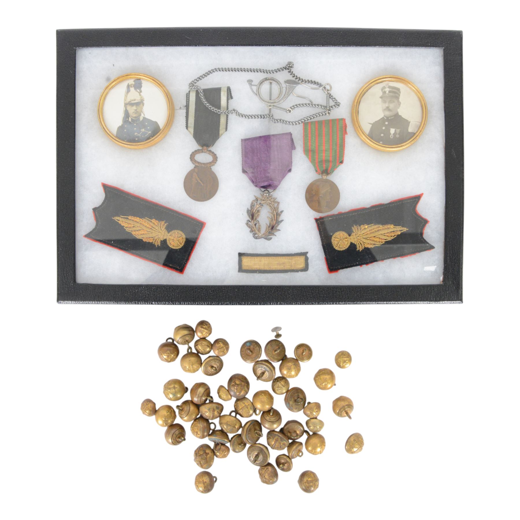 French Sapeur Pompier, fire service, photos, medals, decorations collar badges and buttons, all awarded to the same person.

