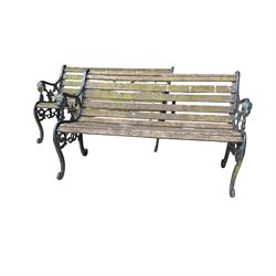 Pair of Victorian Revival Coalbrookdale design 'Dog and Serpent' pattern benches with slatted seats, the cast iron end supports of pierced and scrolling design with dog mask arm terminals