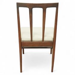 John Herbert for A. Younger  - Mid-century afrormosia teak Volnay dining table, of rectangular form with chamfered edges raised on tapering legs united by rounded stretchers, together with four afrormosia Volnay dining chairs with a gently curved top rail over triple splat open back on square tapering legs united by stretchers reupholstered in cream vinyl, chairs W50xD42xH88cm