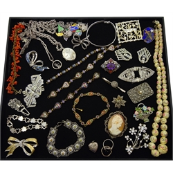  Silver bracelet, necklaces, ring and marcasite stone set brooches, all stamped or hallmarked, other marcasite brooches, gilt micro mosaic bracelets and other costume jewellery   
