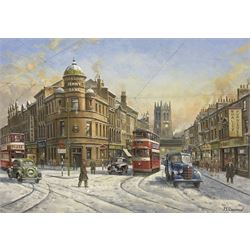 John Lewis Chapman (British 1946-): Yorkshire Penny Bank in the Snow - Leeds, gouache signed 24cm x 34cm
