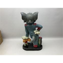Fibreglass promotional/advertising group of Tom & Jerry, Tom standing wearing a blue track suit with his left hand resting on Jerry's head H63cm