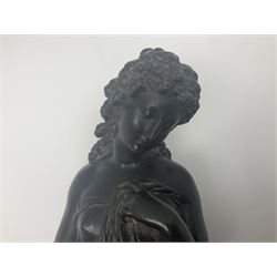 Cast neo classical figure in the form of a woman seated upon corinthian column with a footed base, H53cm