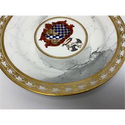 Early 19th century Barr, Flight and Barr Worcester plate, the centre painted with the Warren impaling Mangles coat of arms, within a grey marble effect surround and gilt border to edge, with impressed and painted marks beneath, D23.5cm

