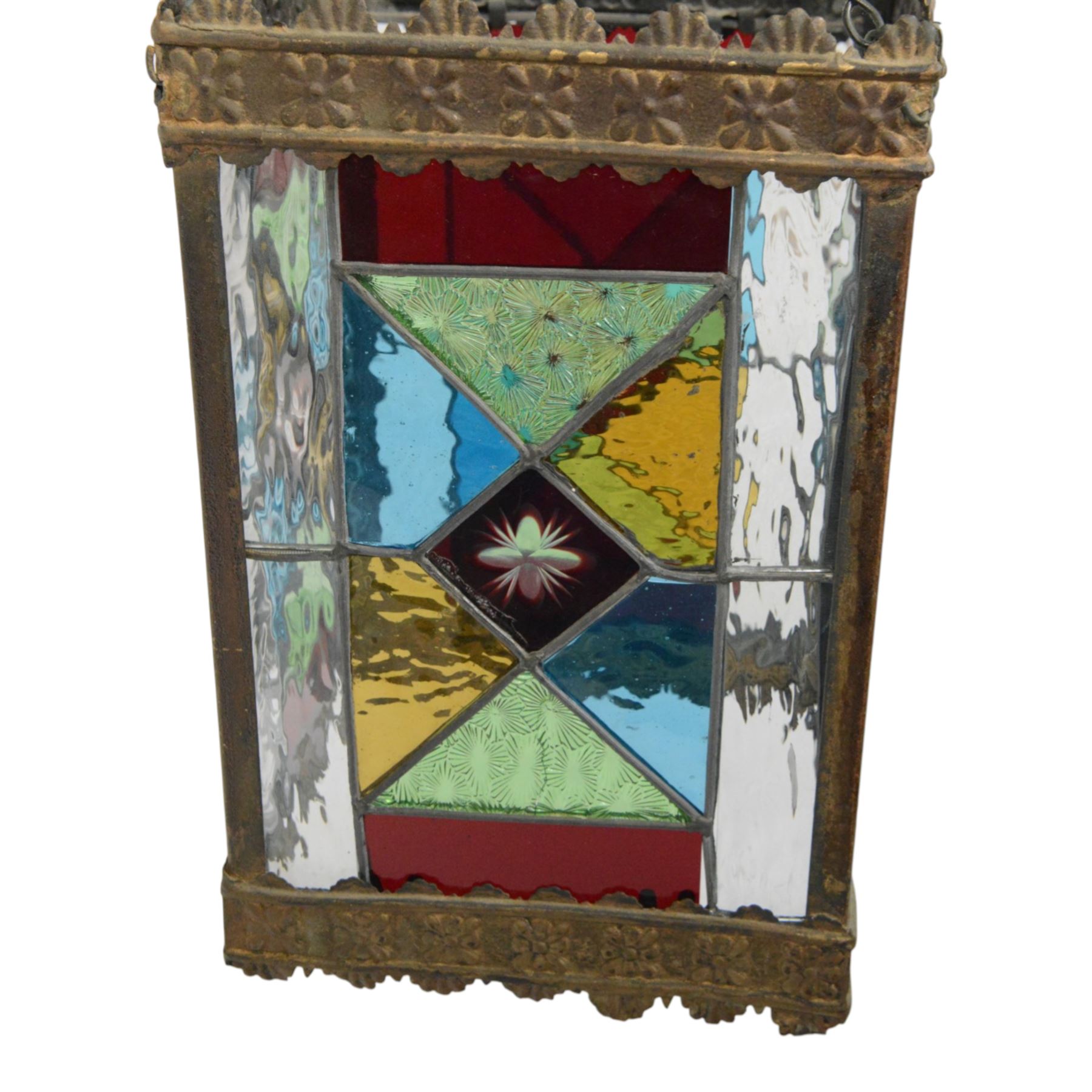 Edwardian metal framed hanging hall lantern, of rectangular form, with leaded stained and clear glass panels, H28cm