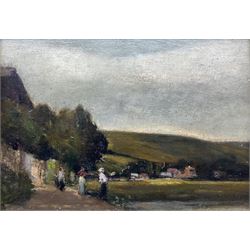 Circle of Charles-François Daubigny (French 1817-1878): Ladies by the Riverside, oil sketch on board unsigned, with farm sketch verso 15cm x 21cm