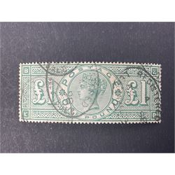 Great Britain Queen Victoria one pound green stamp, used, previously mounted