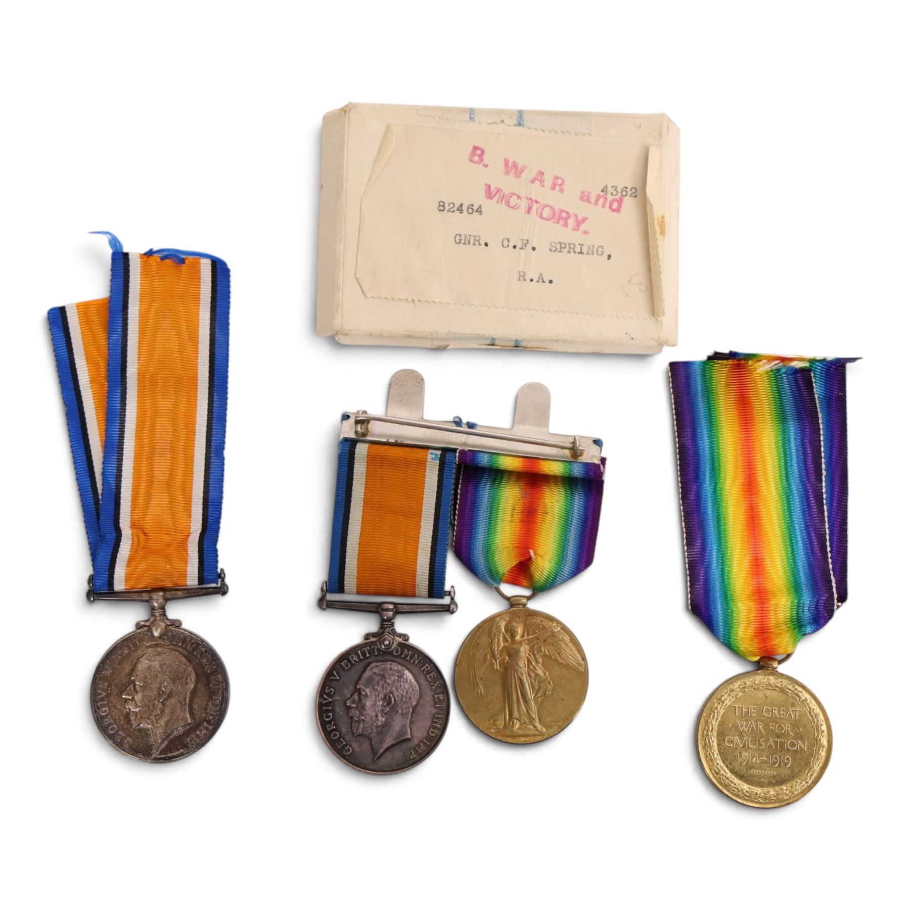 WWII British medal pair, War medal and Victory medal, awarded to 159151GNR.P.L. Jewsbury R.A, and WWII British medal pair, War medal and Victory medal, awarded to82464 GNR.C.F Spring R.A